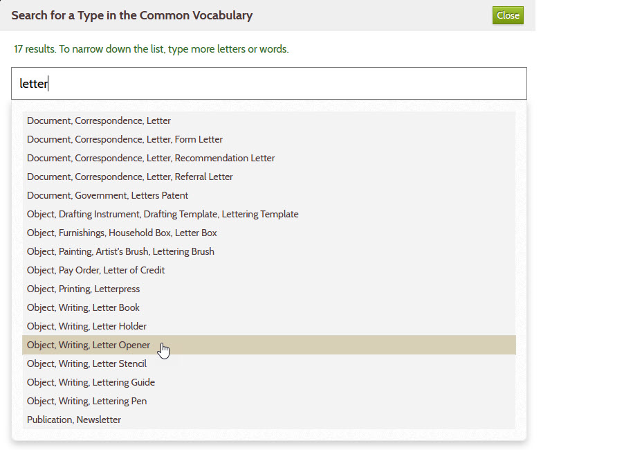 Screenshot of common term chooser